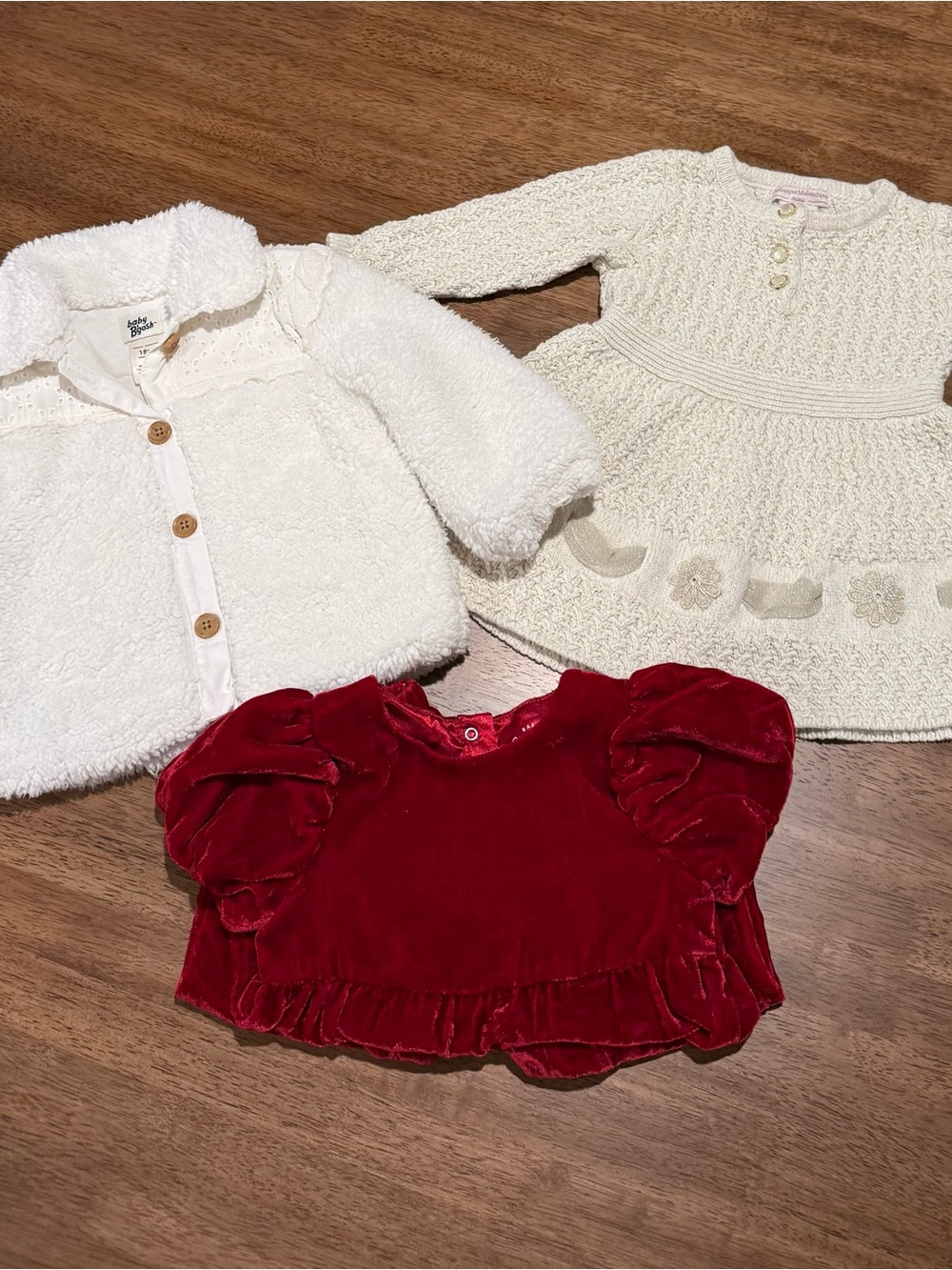 Carter's Velvet Red Puff-Sleeve Top with Ivory Knit Dress & Sherpa Jacket